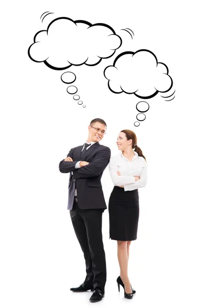 Två affärskollegor med tänkande moln över isolerade bakgrund Stockbild