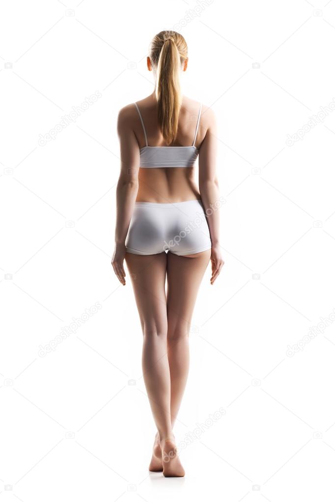 Rear View Attractive Young Woman White Underwear All White Background Stock  Photo by ©YAYImages 260936106