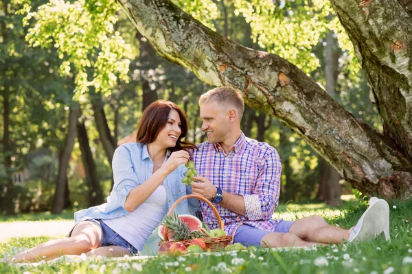 Pareja teniendo un hermoso picnic en el parque — Foto de Stock