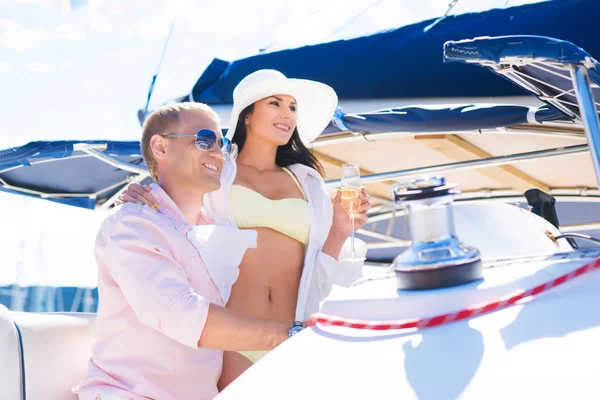 Couple have a party on a sailing boat — Stock Photo, Image