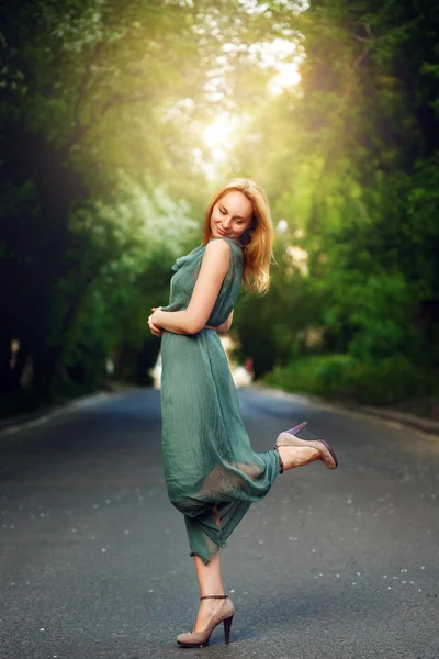 Young Woman Dancing on the Road — Stock Photo, Image