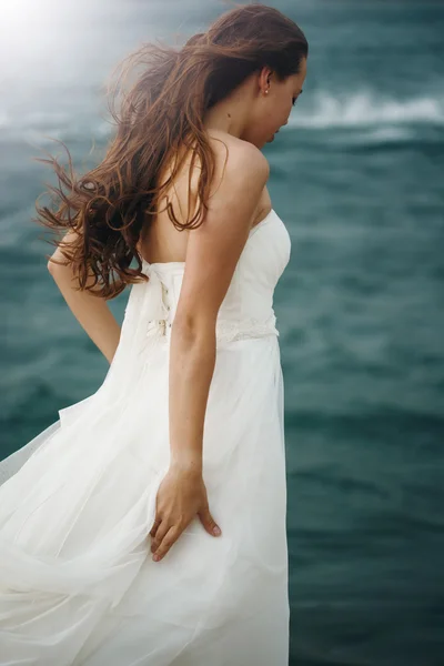 Woman in White near Stormy Sea Stock Picture