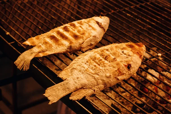 Fish is Cooking on Grill Grid — Stock Photo, Image