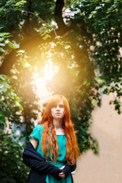 Young trendy boho woman with red head — Stock Photo, Image