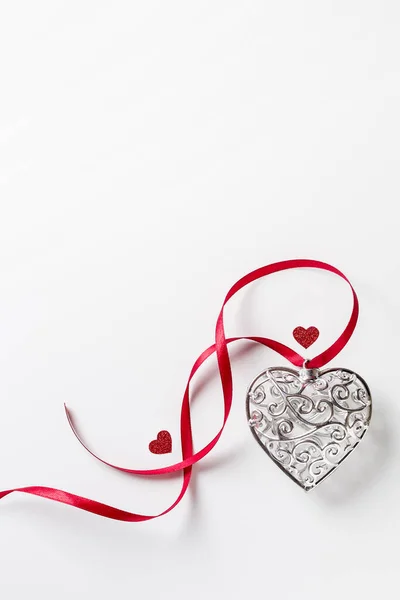 Saint Valentine Day Greeting Card Beautiful Silver Heart Little Red — Stock Photo, Image