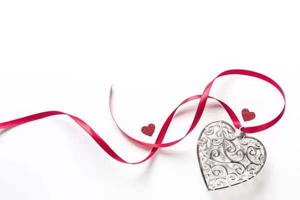 Saint Valentine Day Greeting Card Beautiful Silver Heart Little Red — Stock Photo, Image
