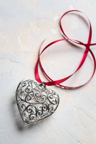 Saint Valentine Day Greeting Card Beautiful Silver Heart Red Ribbon — Stock Photo, Image