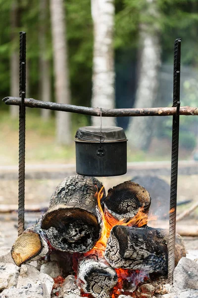 Camp Fire Cooking Dinner Outdoors Nature Pot Bonfire — Stock Photo, Image