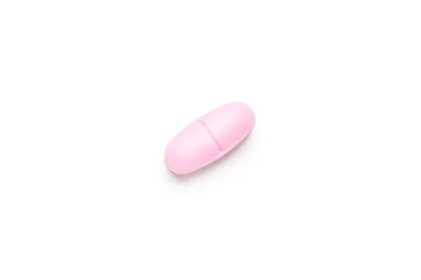 Одна Розовая Таблетка Белом Фоне Мультивитаминные Таблетки Пищевая Добавка Крупным — стоковое фото