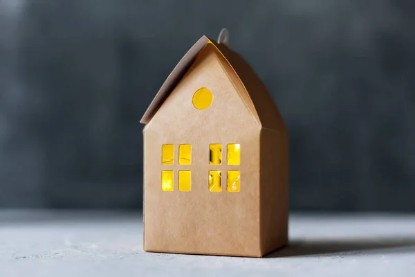 Craft Cardboard Box House Luminous Window Creative Gift Packaging Grey — Stock Photo, Image