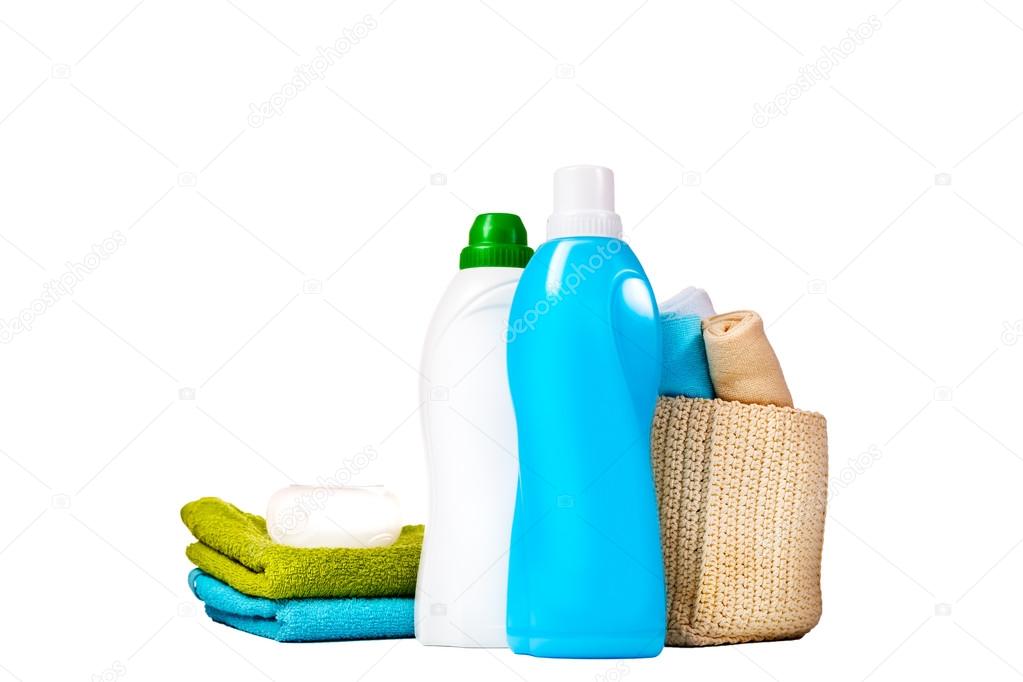 Detergent in blue and white plastic bottles