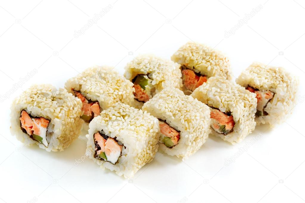 Roll with salmon, cucumber and sesame.