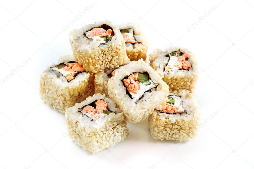 Roll with salmon, cucumber and sesame.