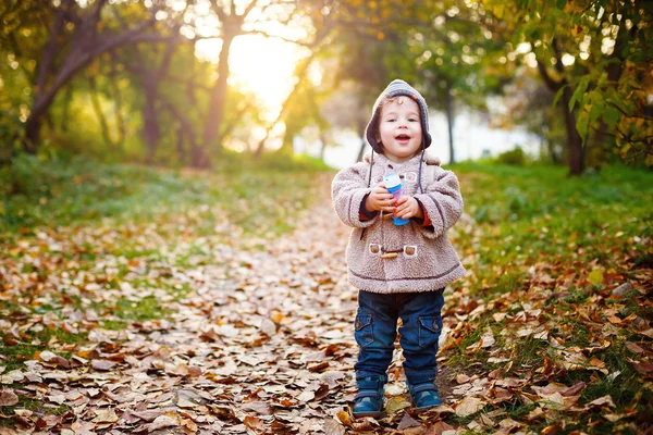 Niño feliz riendo y caminando en el parque —  Fotos de Stock