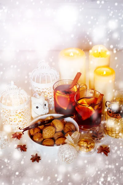 Christmas Decorations with Mulled Wine and Snow — Stock Photo, Image