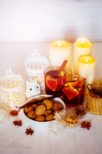 Christmas Decorations with Mulled Wine — Stock Photo, Image