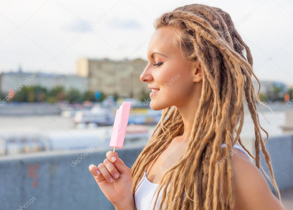 Very Pretty With Dreads Eating Pink Ice Cream On A Stick Very Pretty With Dreads Eating Pink Ice Cream On A Stick Warm Summer