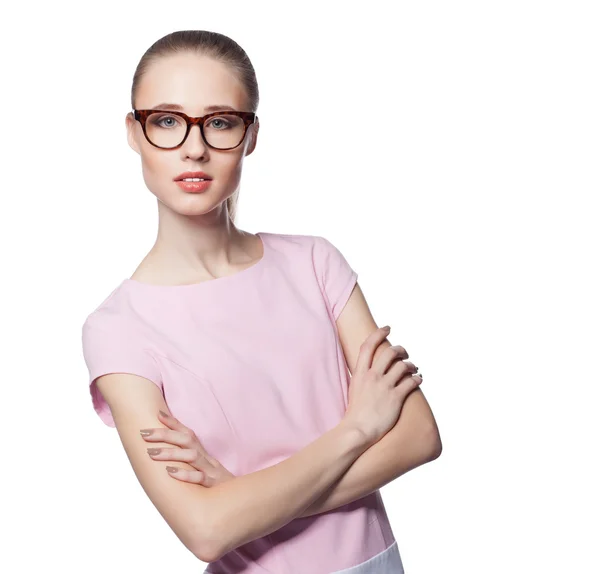 Beautiful young blond woman wearing glasses with arms folded. Office style. Smile. Isolated on white background — Stock Photo, Image