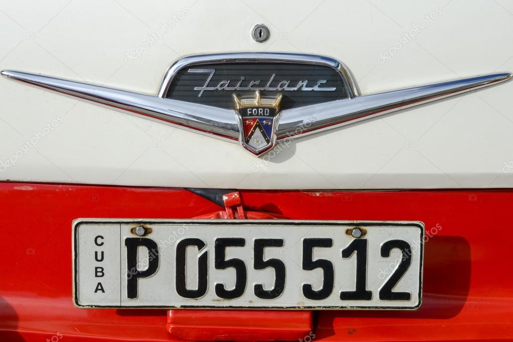 Havana, Cuba - 6 January 2016: Emblem of Ford on a vintage car at Havana on Cuba