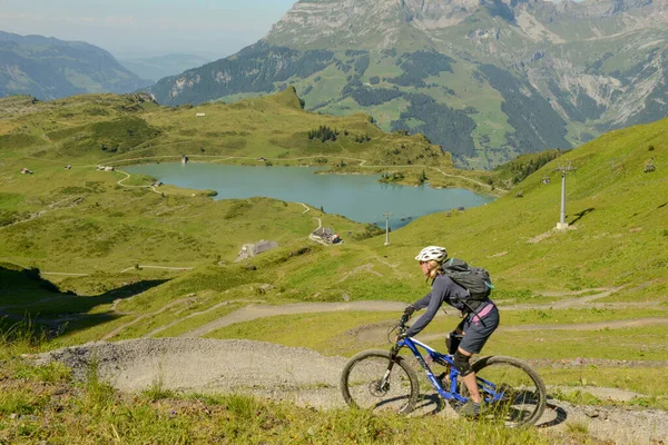 Jochpass Switzerland August 2018 Woman Mountain Bike Going Flow Track — Stock Photo, Image