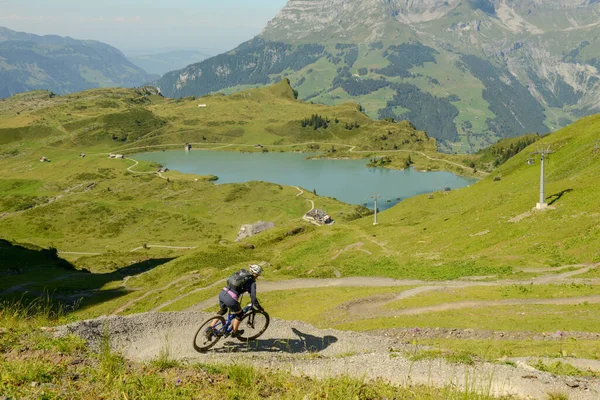 Jochpass Switzerland August 2018 Man Mountain Bike Going Flow Track — Stock Photo, Image