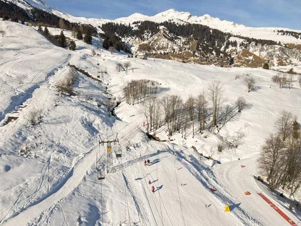 Nara Switzerland December 2020 People Skiing Slopes Nara Swiss Alps — Foto de Stock