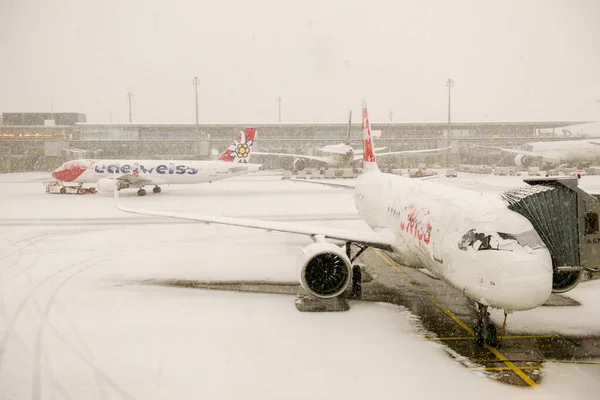 Zürich Schweiz Januari 2021 Planet Stannade Grund Snöfall Zürichs Flygplats — Stockfoto