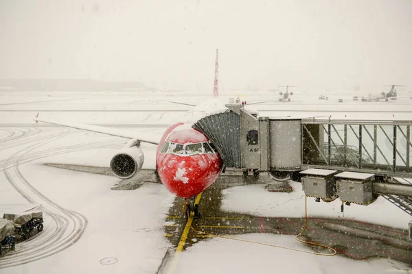 Zurich Switzerland Januray 2021 Plane Stopped Due Snowfall Zurich Airport — Foto de Stock