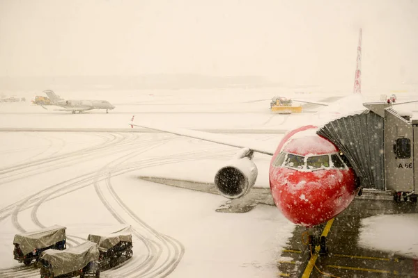 Zurich Switzerland Januray 2021 Plane Stopped Due Snowfall Zurich Airport — Foto de Stock