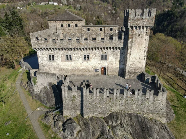 Flygfoto Sasso Corbaro Slott Bellinzona Schweiziska Alperna Unesco Världsarv — Stockfoto