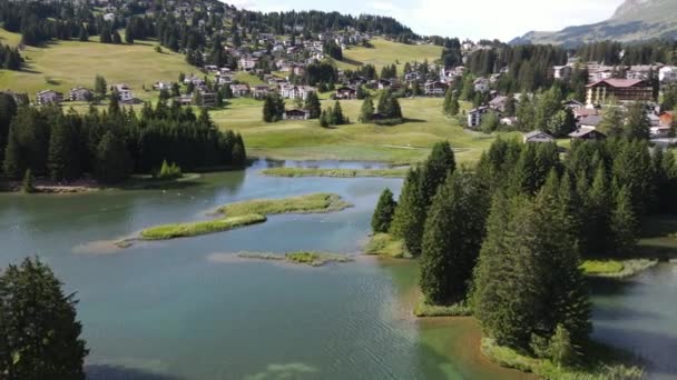 Drone view of the lake at Valbella on the Swiss alps — Αρχείο Βίντεο