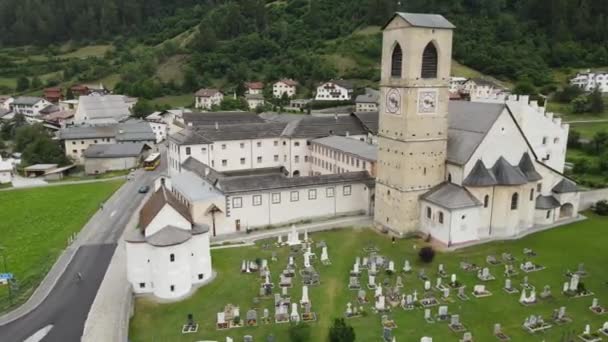 Drohnenblick Benediktinerkloster Johannes Mustair Den Schweizer Alpen Unesco Welterbe — Stockvideo