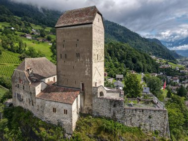 Drone view at Sargans castle on Sargans in the Swiss alps