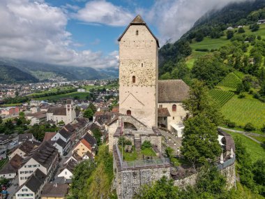 Drone view at Sargans castle on Sargans in the Swiss alps