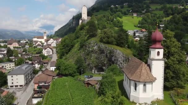 Drone Uitzicht Kapelkerk Sargans Kasteel Sargans Zwitserse Alpen — Stockvideo