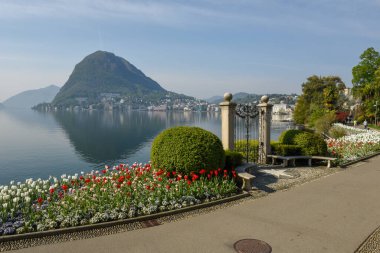 İsviçre 'nin İtalya bölgesindeki Lugano' daki botanik bahçesi ve göl.