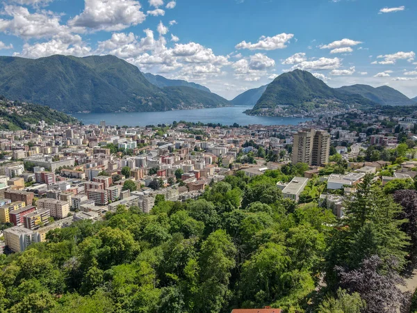 Drone Lugano Suo Lago Nella Parte Italiana Della Svizzera — Foto Stock