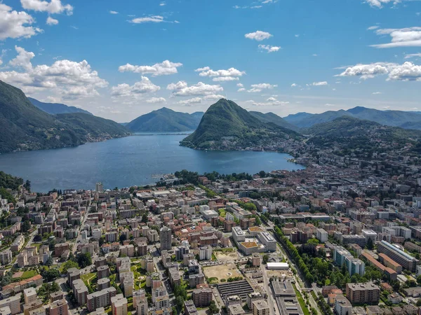 Drone Lugano Suo Lago Nella Parte Italiana Della Svizzera — Foto Stock