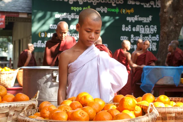 Mahag でオレンジの山の前でキッチンで若い僧侶 — ストック写真