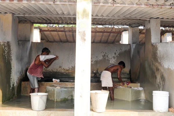 Men washing laundry at Fort Cochin — Stock Photo, Image