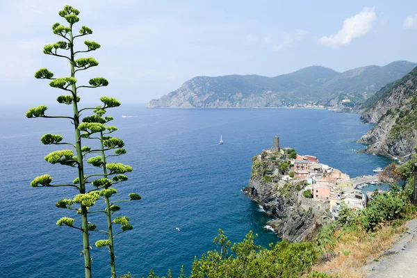 Scenic view of colorful village Vernazza and ocean coast