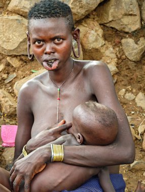 Kangaten, Etiyopya - 15 Ağustos 2025: Etiyopya 'daki Kangaten' de Mursi kadın portresi