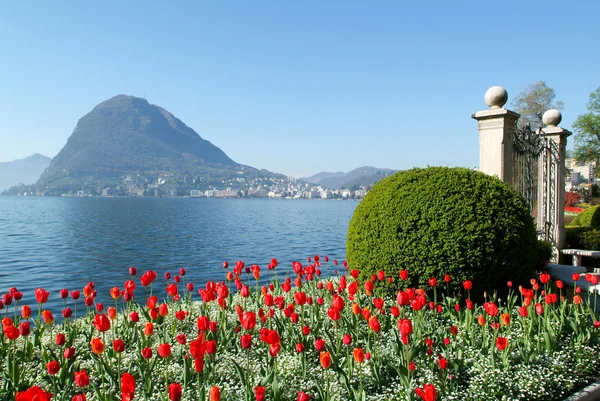 Lugano, Schweiz - utsikt över viken från botaniska trädgården — Stockfoto