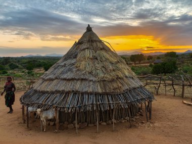 Turmi, Etiyopya - 13 Ağustos 2025: Etiyopya yakınlarındaki Hamer kabilesi köyü
