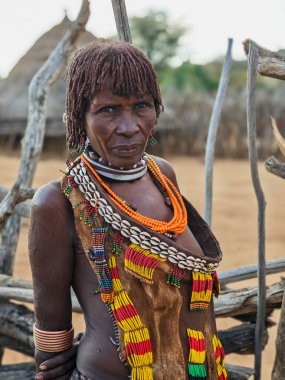 Turmi, Etiyopya - 13 Ağustos 2025: Etiyopya yakınlarındaki Hamer kabilesindeki kadının portresi