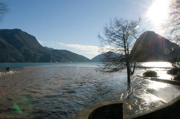 湖 Lugano 被淹没 — 图库照片