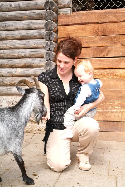 Frau mit Kind, die die Ziege im Zoo tätschelt — Stockfoto