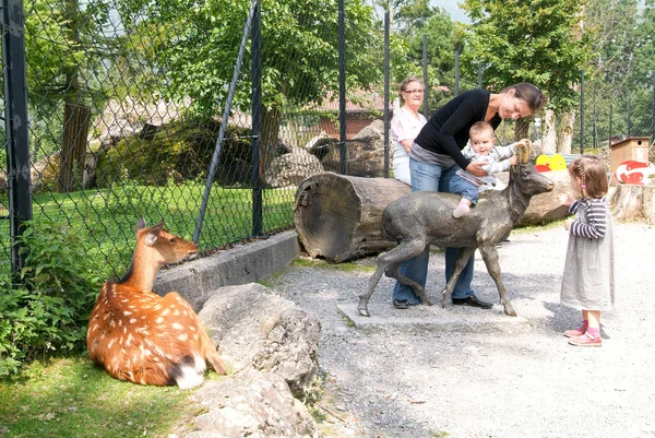 Mujer con niño que acaricia la cabra en el zoológico —  Fotos de Stock