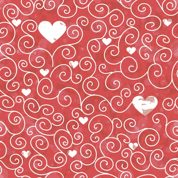 Seamless texture of red color with hearts and swirl pattern — Stock Vector