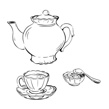 Çay takımının vektör çizimini fincan, fincan tabağı, çaydanlık ve reçel ile ayarla